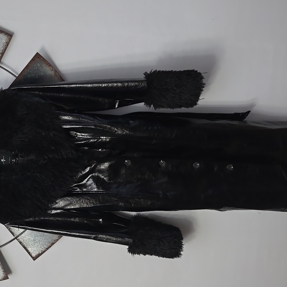 Black Faux Fur Trimmed Women's Coat - Picture 2 of 3